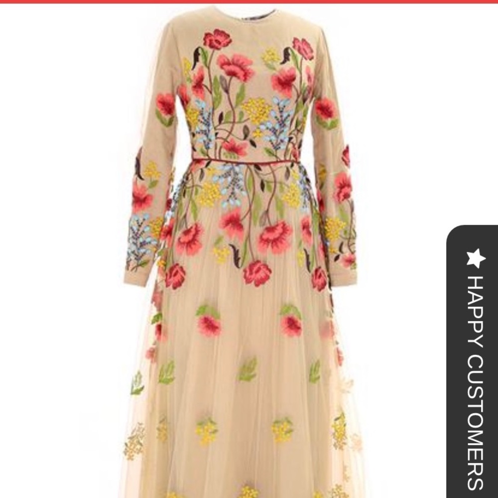 Long sleeve, floral beige long formal dress